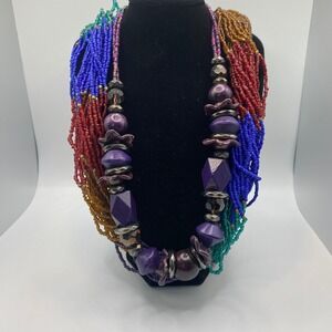 Vintage Purple Statement Necklace Lot Chunky Wood Bead & Seed Bead Torsade Set
